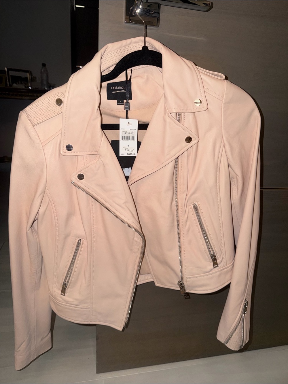 Lamarque Pale Pink Leather Moto Jacket